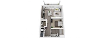 3D 630sf studio floor plan at The Flats at Ballantyne