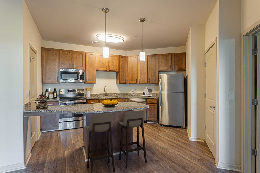 a kitchen with stainless steel appliances and a granite counter top at Two Addison Place, Georgia