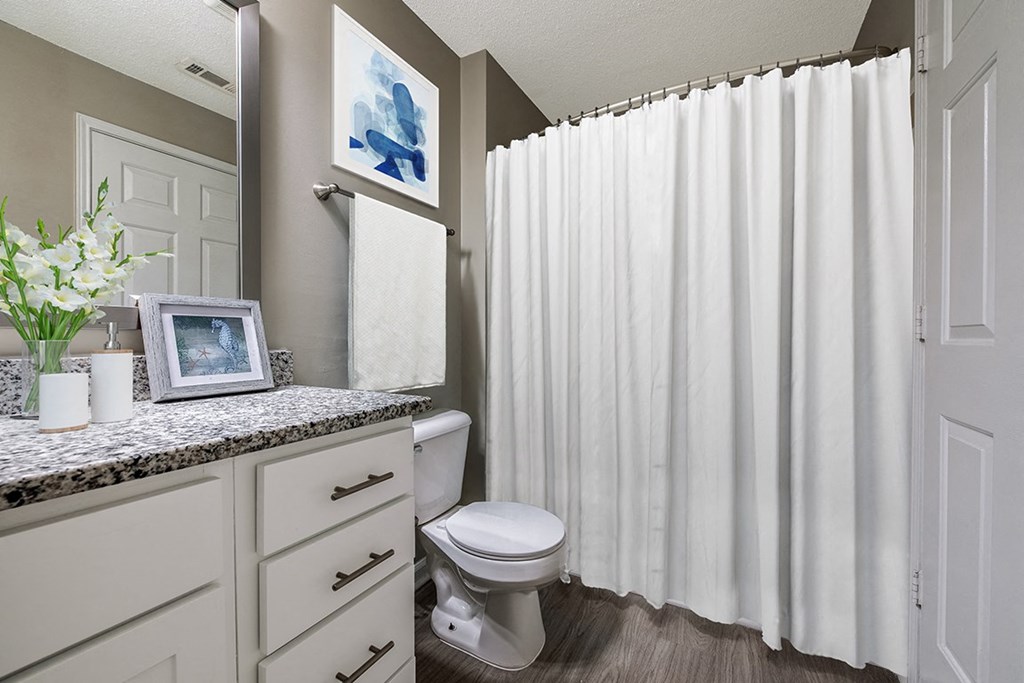 a bathroom with a white shower curtain and a toilet at The Village Apartments, Raleigh, NC