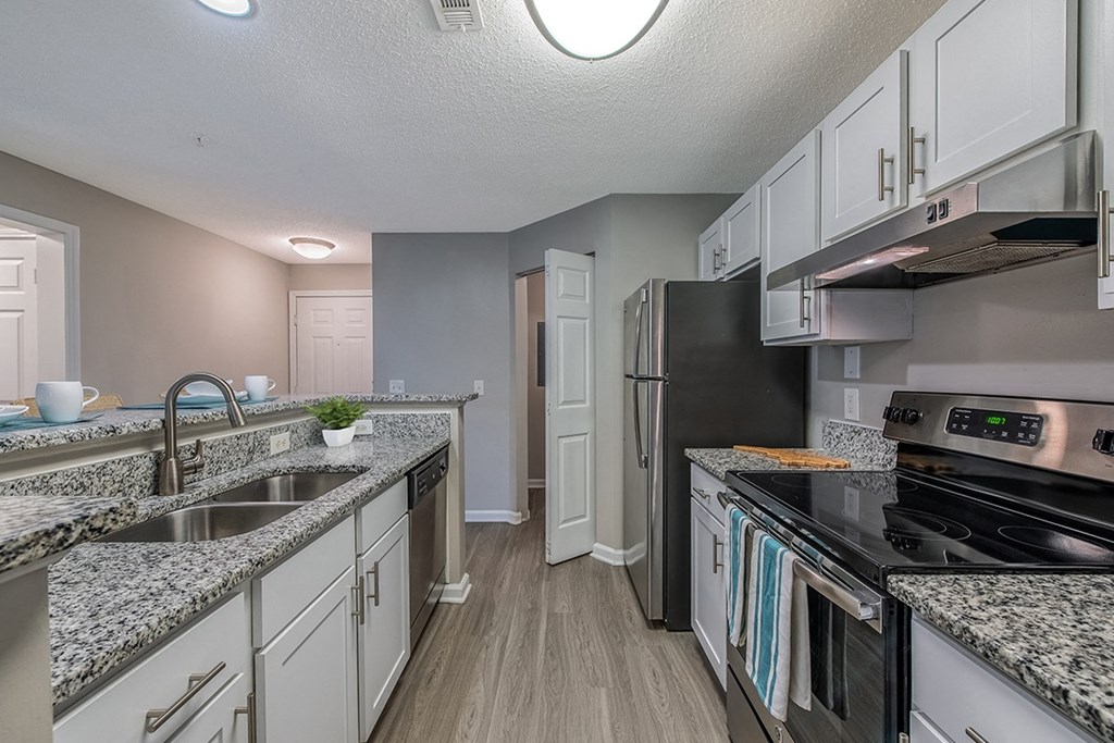an open kitchen with granite counter tops and stainless steel appliances at The Village Apartments, Raleigh, 27615