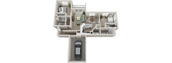 2 Bedroom 2 Bath with Garage Floor Plan at The Village Apartments, Raleigh, NC, 27615