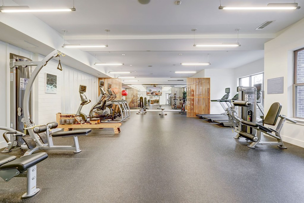 A spacious gym with a variety of equipment at The Linden Apartments, North Carolina 28036