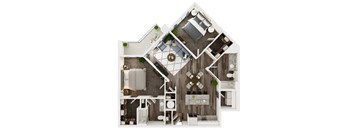 2 Bed 2 Bath C 794 sf 3D floor plan at Sycamore at Tyvola, Charlotte