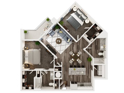 2 Bed 2 Bath C 794 sf 3D floor plan at Sycamore at Tyvola, Charlotte