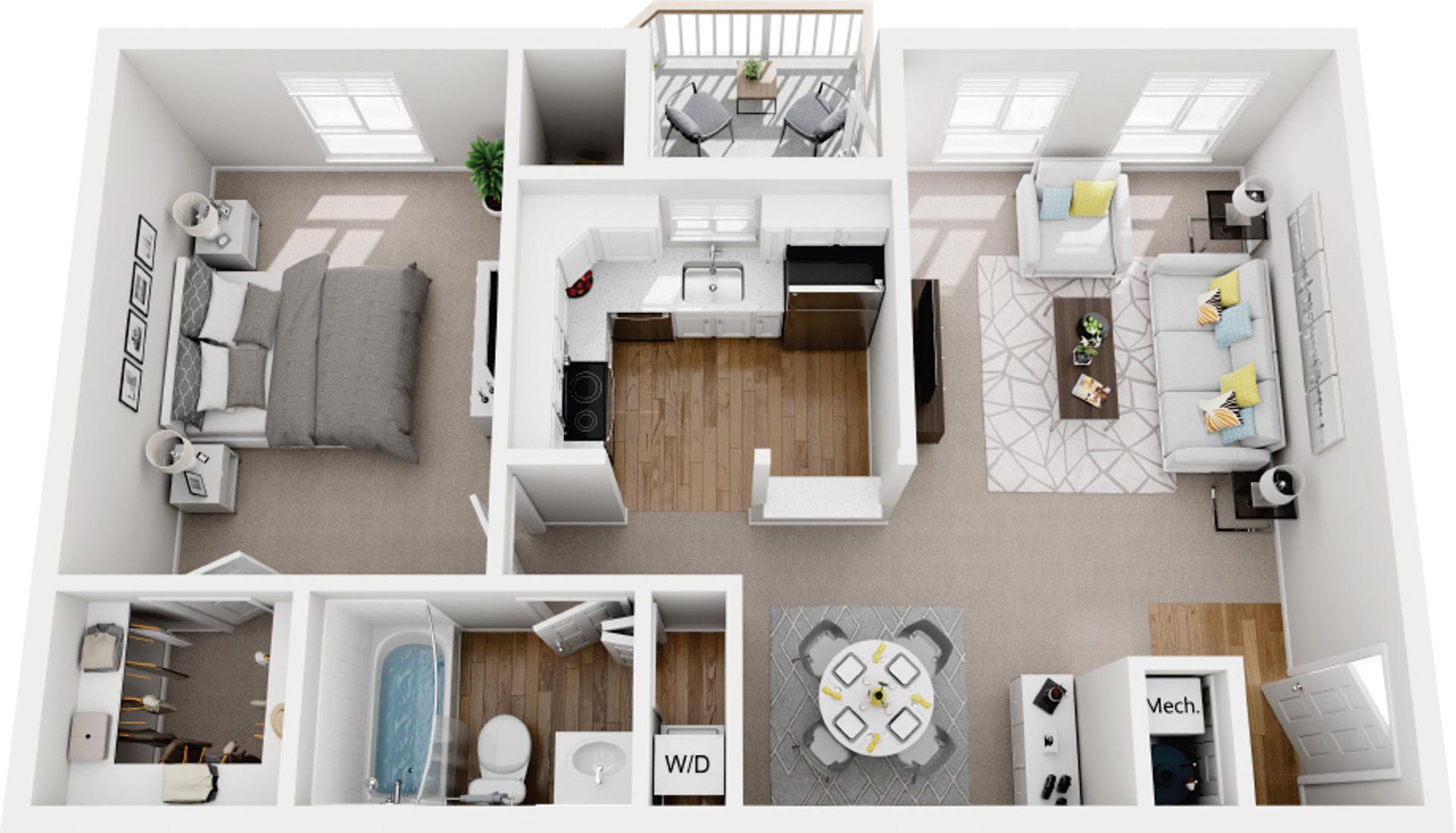 1 Bedroom 1 Bath Renovated floor plan