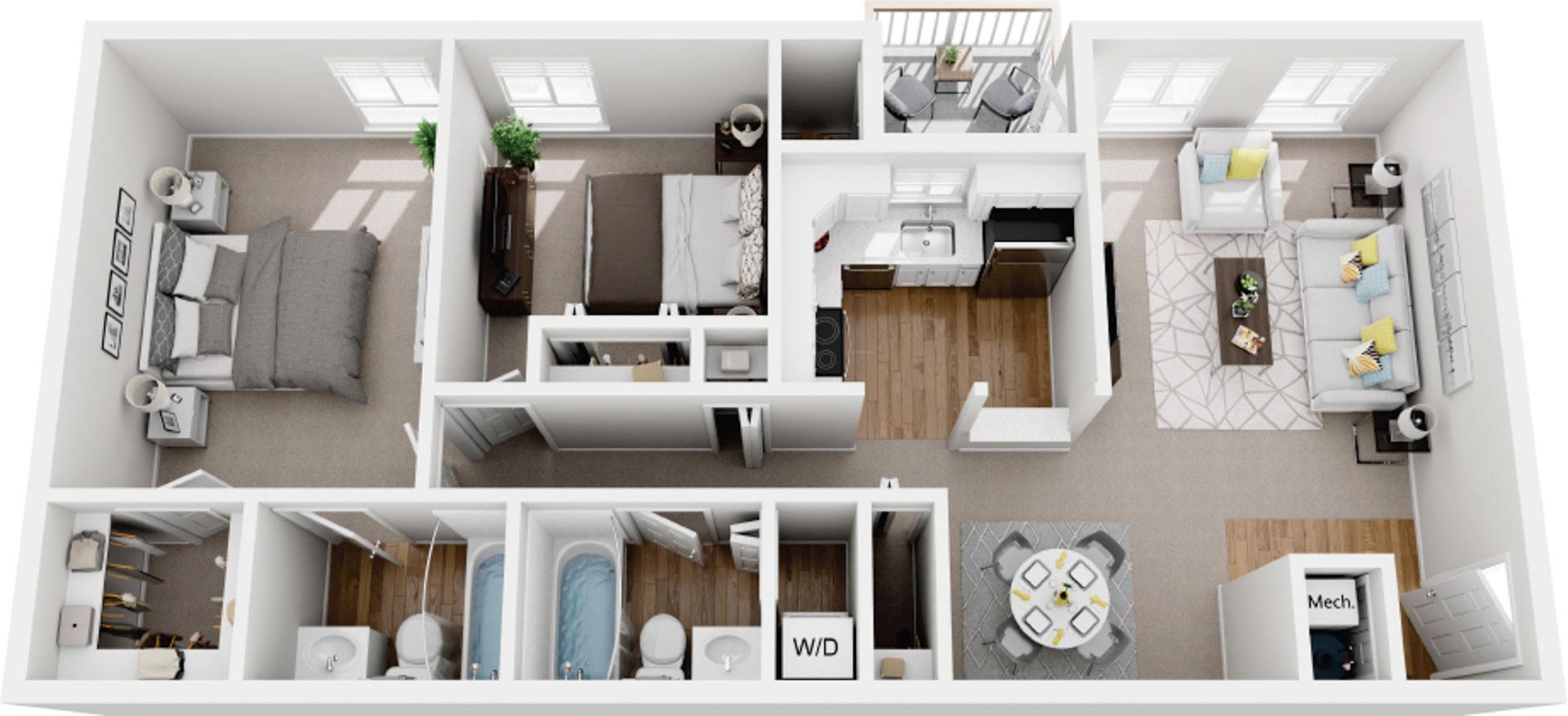 2 Bedroom 2 Bath Renovated floor plan