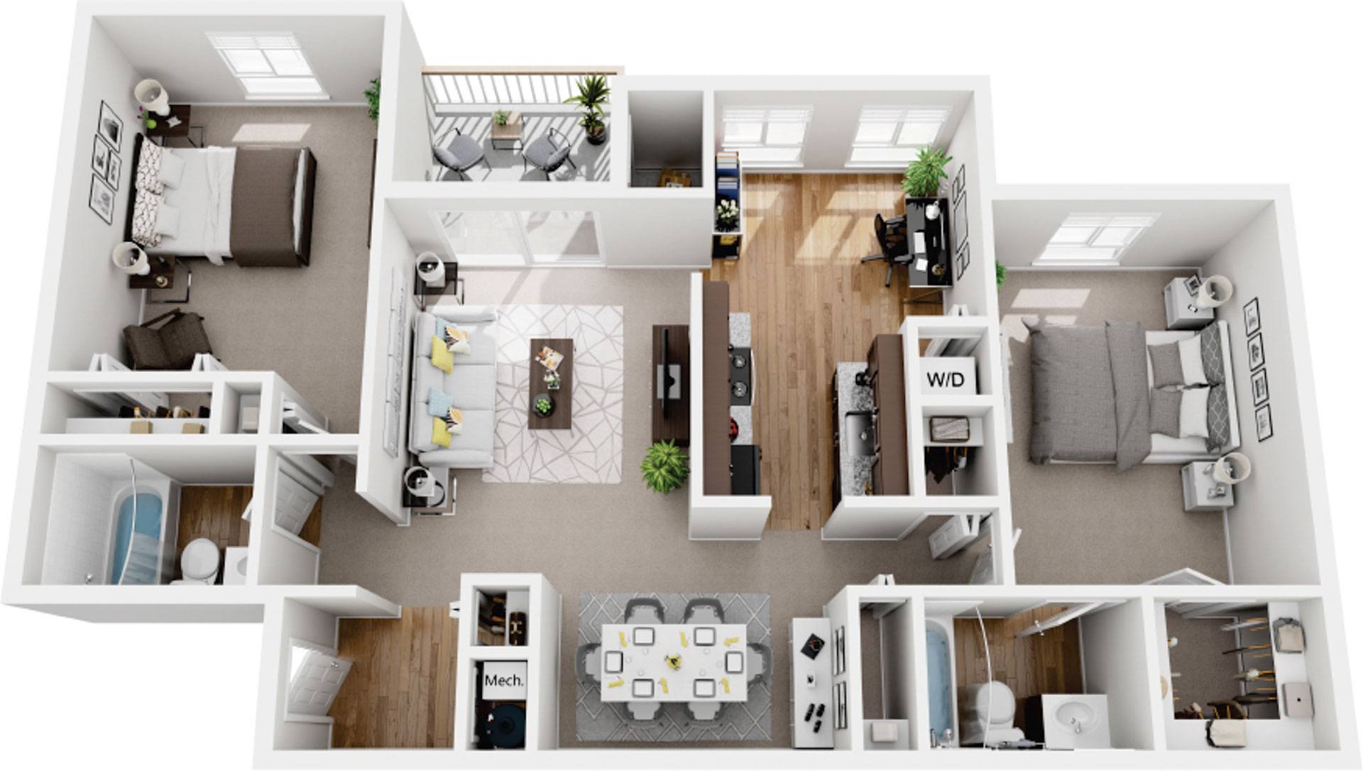 2 Bedroom 2 Bath Twin Suites floor plan