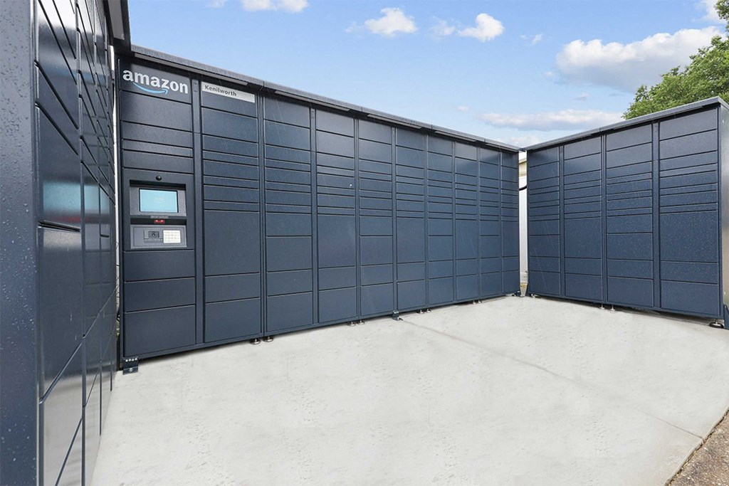 a row of Amazon lockers at Kenilworth at Perring Park Apartments, Baltimore, MD 21234