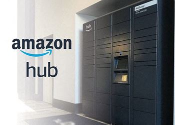 Amazon hub package lockers with amazon hub logo on the side of it at The Crossings at White Marsh Apartments, Maryland