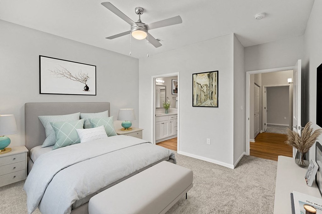 a bedroom with a large bed and a ceiling fan at Fortress Grove, Tennessee, 37128