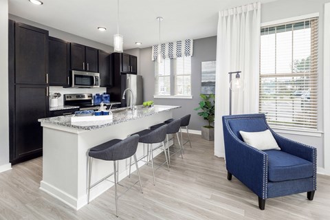 Kitchen with bar area at Elevate at Brighton Park, Summerville, 29486