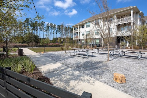 Benches in open area at Elevate at Brighton Park, Summerville
