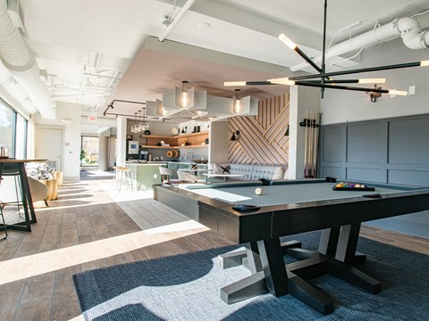 Resident game lounge billiard table at St. Marys Square Apartments, North Carolina, 27605