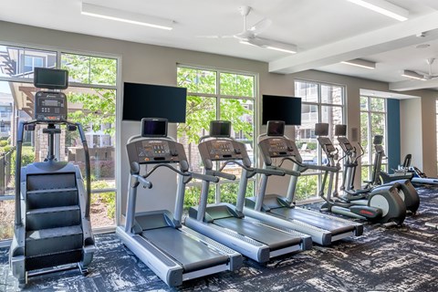 Treadmill in gym at The Flats at Ballantyne Apartments, Charlotte, 28277