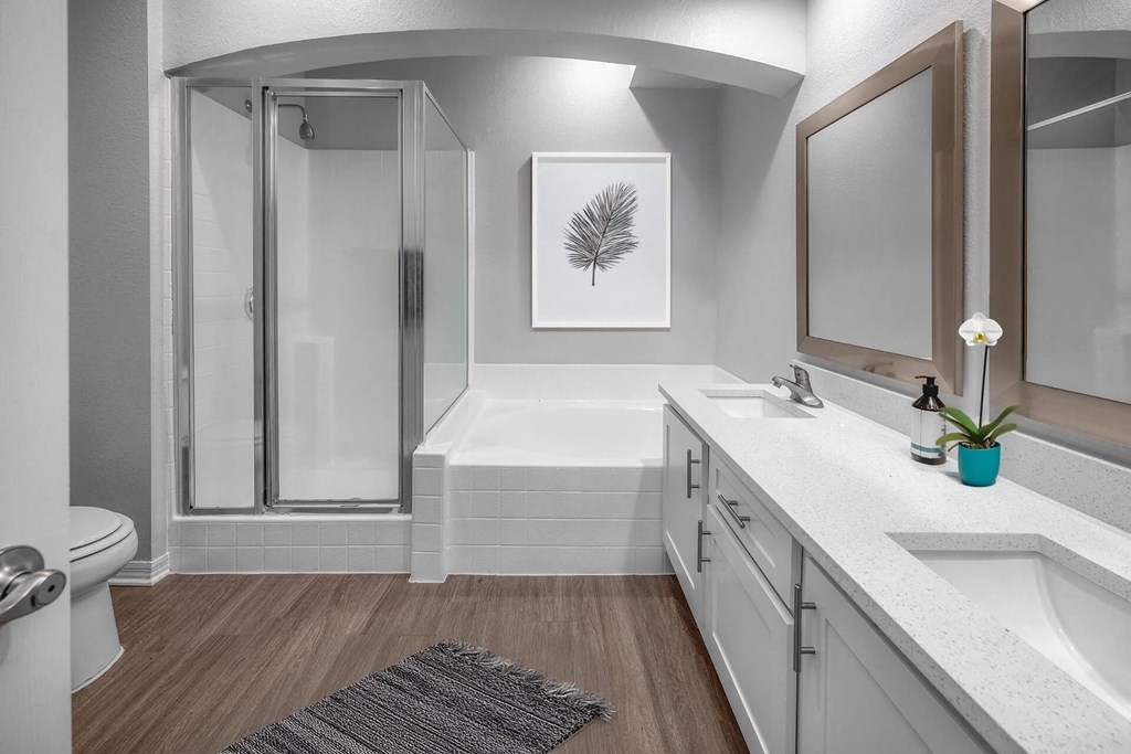 a bathroom with a shower and a sink and a mirror at Henley Tampa Palms Apartments, Florida