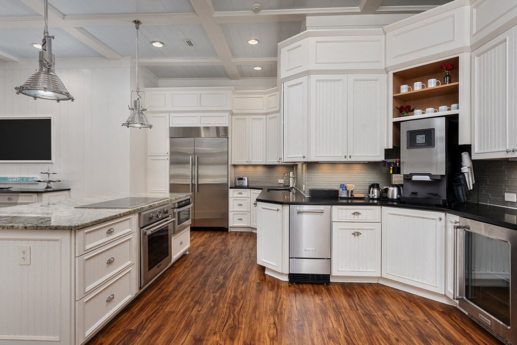 Clubhouse kitchen with coffee bar at The Reserve at Mayfaire Apartments, Wilmington NC