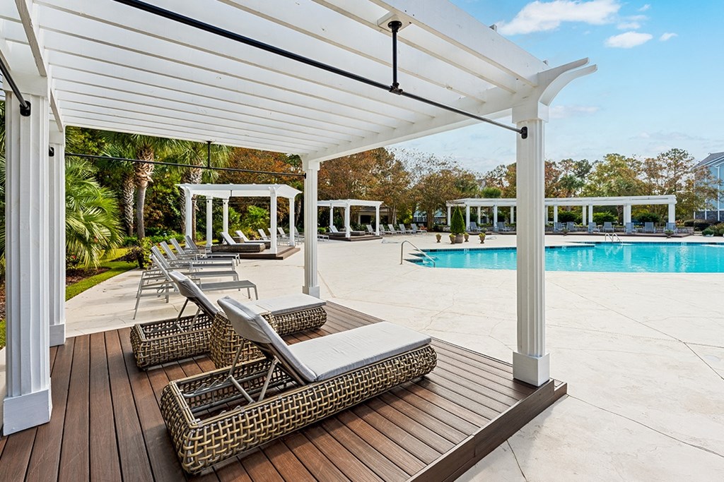 Cabana with chaise lounge at The Reserve at Mayfaire Apartments, Wilmington NC