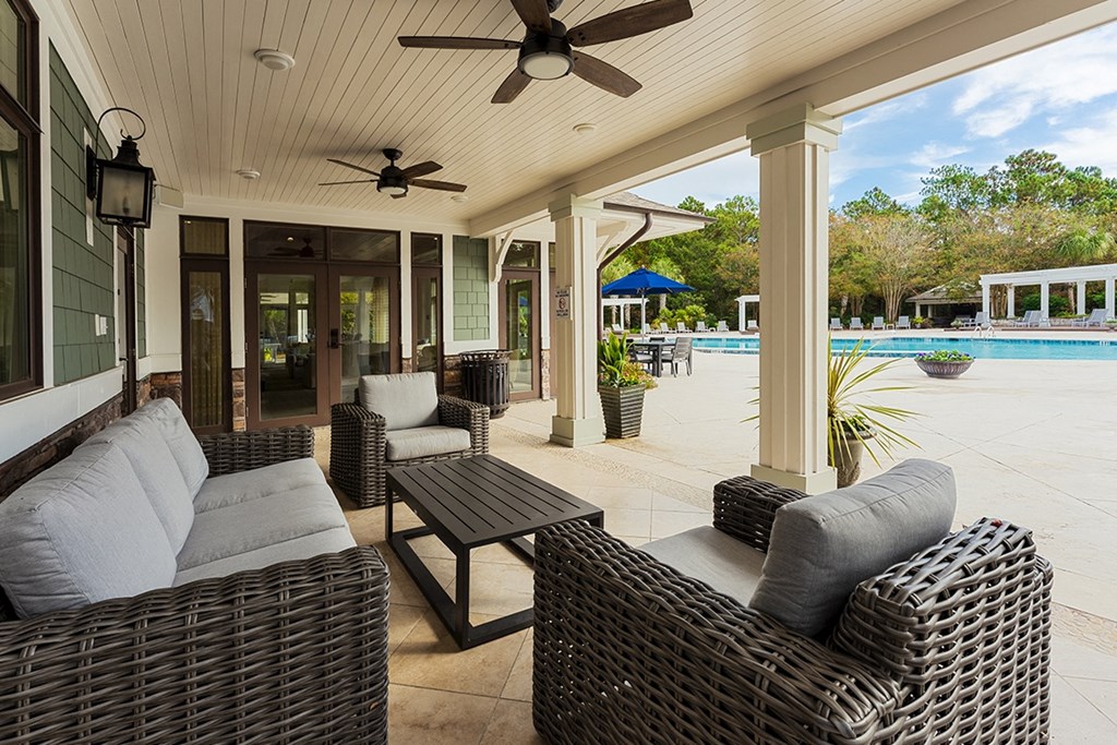 Outdoor lounge at The Reserve at Mayfaire Apartments, Wilmington NC