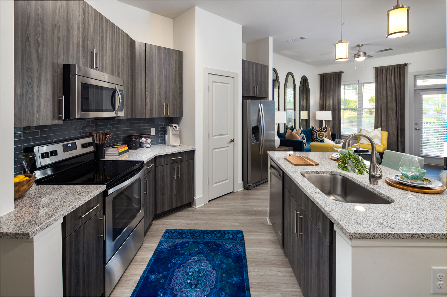 Gourmet Kitchen with Breakfast Bar and Pantry at The Flats at Ballantyne Apartments, Charlotte, 28277