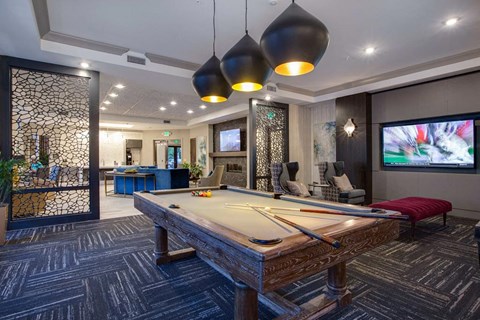 Game Room with Pool Table at The Flats at Ballantyne Apartments, Charlotte, North Carolina