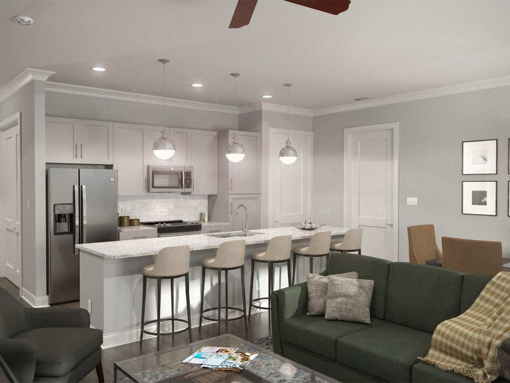 Open living room and kitchen with island at St Mary's Square North Apartments, Raleigh, NC, 27605