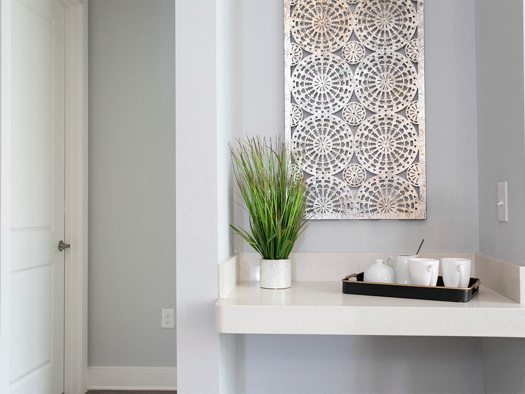Wet bar with counter at St Mary's Square North Apartments, North Carolina