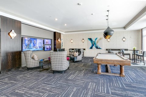 Community Room with Pool Table at The Flats at Ballantyne Apartments, Charlotte, North Carolina