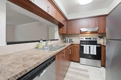 A kitchen with a granite counter top and stainless steel appliances.