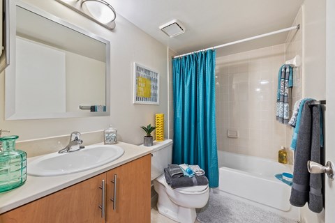 a bathroom with a sink toilet and shower and a mirror