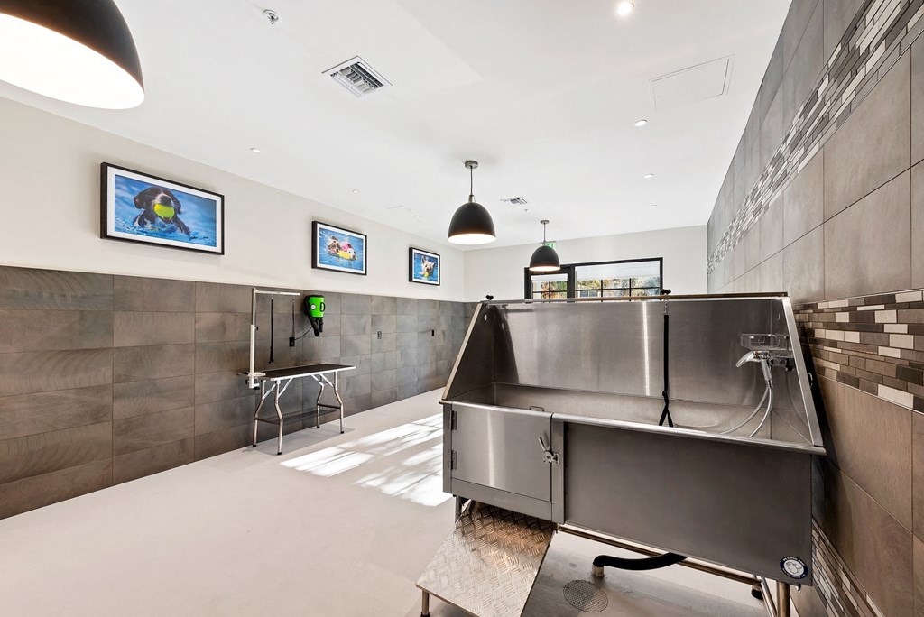 a kitchen with a large stainless steel sink