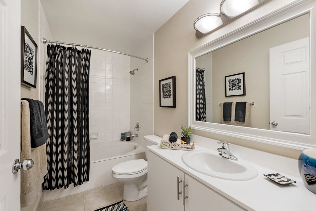 a bathroom with a large mirror and a sink and a toilet
