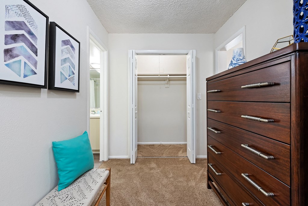 a bedroom with a dresser and a closet with a mirrored closet door