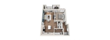 a stylized floor plan with a bedroom and a kitchen