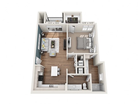a stylized floor plan with a bedroom and a kitchen