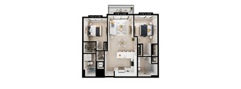 A floor plan of a small apartment with a kitchen, living room, and bathroom.