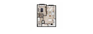 a floor plan of a studio apartment with a bedroom and a living room