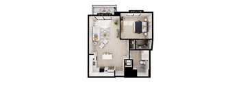 A floor plan of a small apartment with a kitchen, living room, and bathroom.