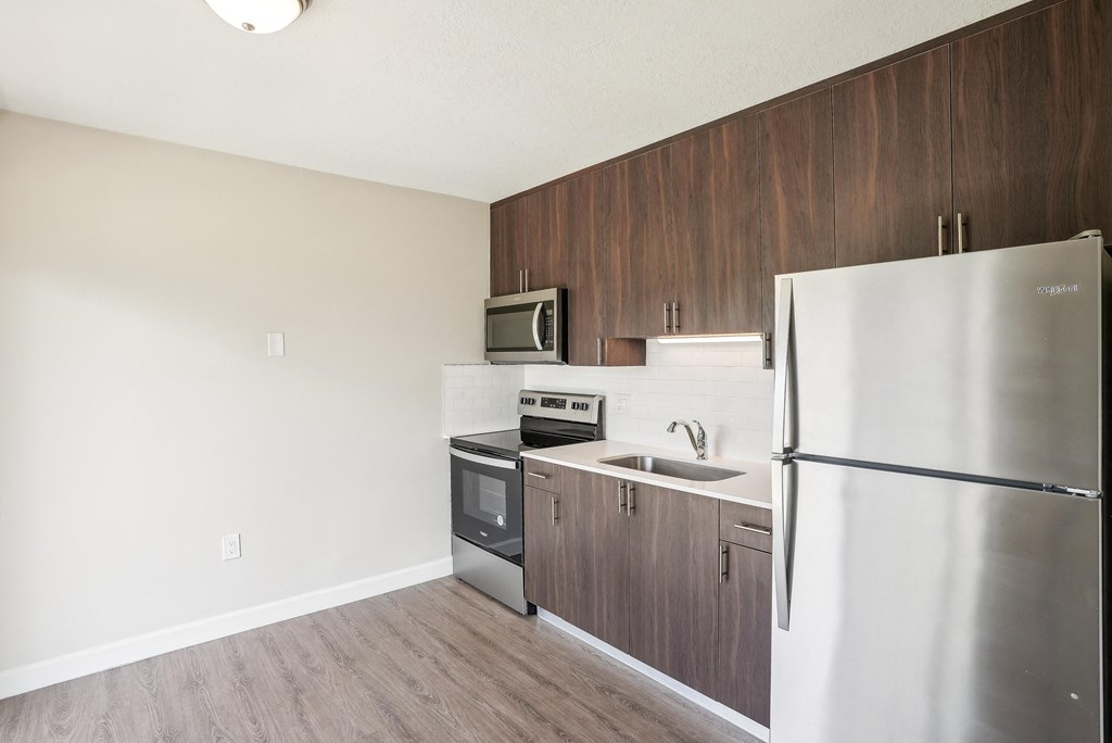 a kitchen with stainless steel appliances and a refrigerator