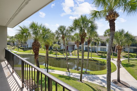a balcony with a pond and palm trees