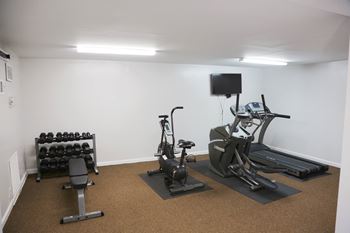 a room with two exercise bikes, a treadmill, weights, and a tv