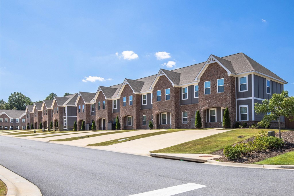 A row of houses with a street in front.