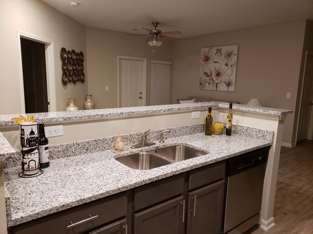 a kitchen with granite counter tops and a sink