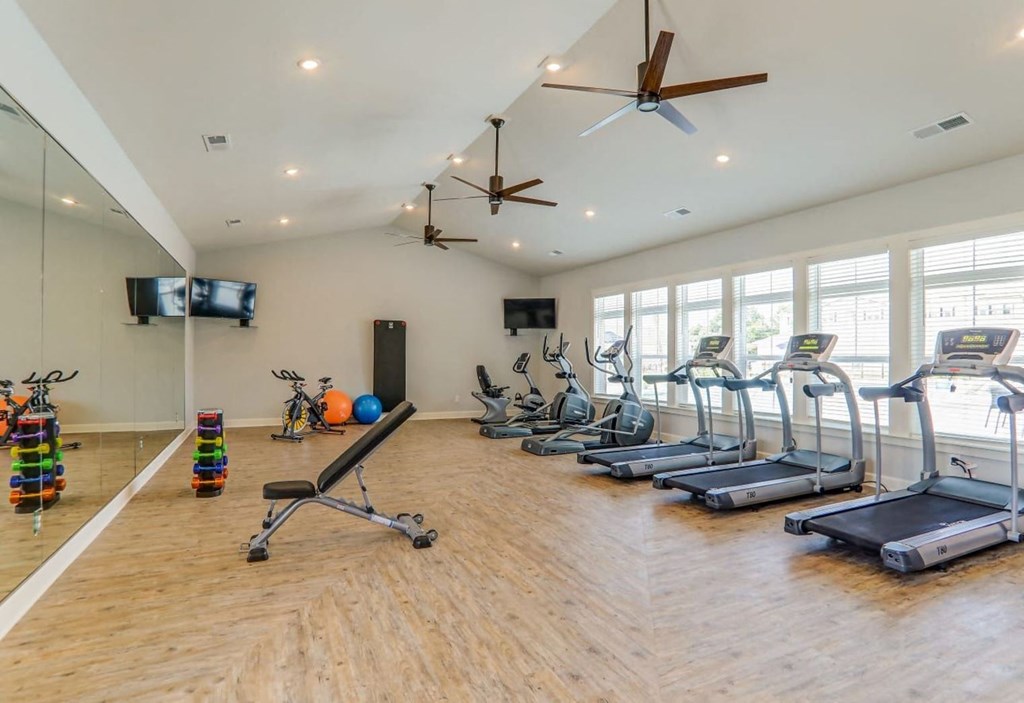 the gym has plenty of cardio equipment and a large window