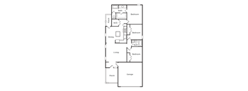 A floor plan of a house with a garage and a porch.