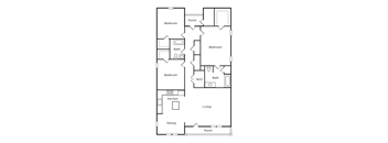 A floor plan of a house with three bedrooms, a living room, a kitchen, a dining area, a bathroom, and a porch.