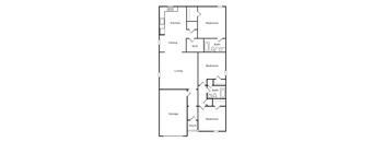 A floor plan of a house with a kitchen, dining room, living room, two bedrooms, a bathroom, a garage, and a porch.