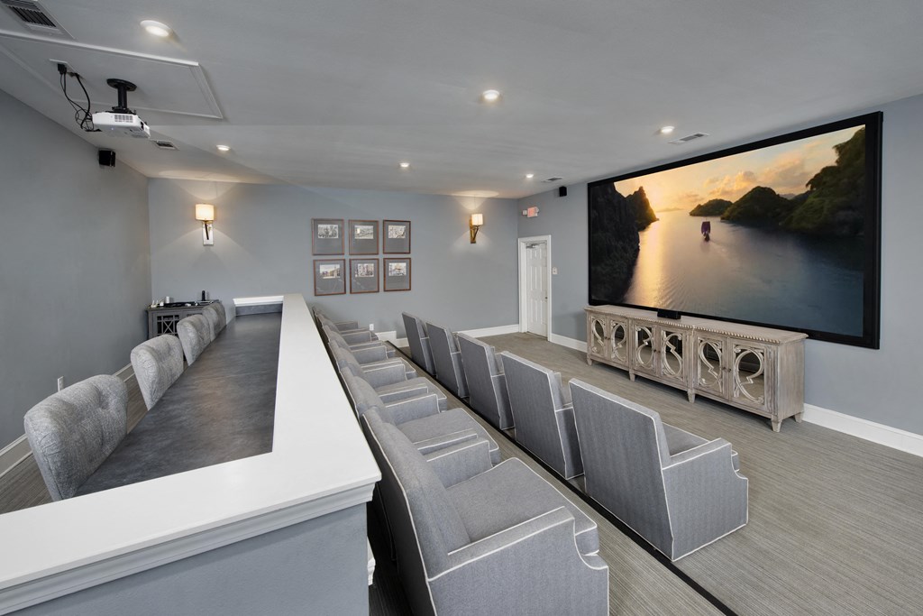 the theater room has a large screen tv and a long table with chairs