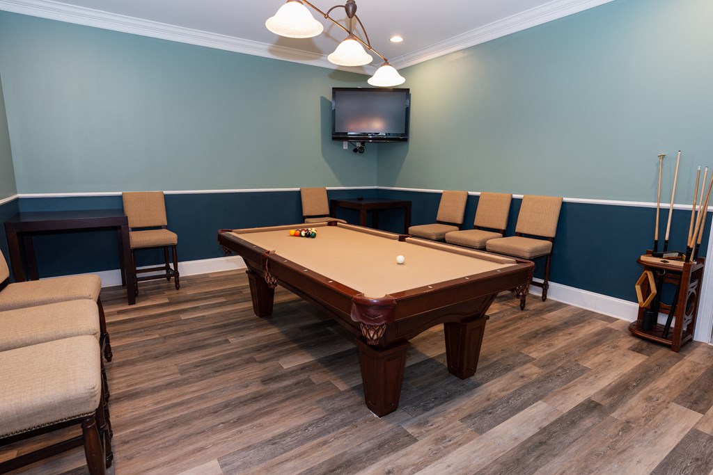 a game room with a pool table and a tv
