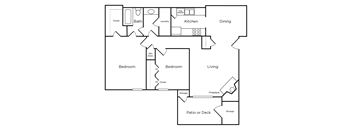 a schematic drawing of a house with an open floor plan with bedrooms and a kitchen