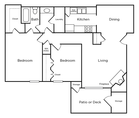 a schematic drawing of a house with an open floor plan with bedrooms and a kitchen